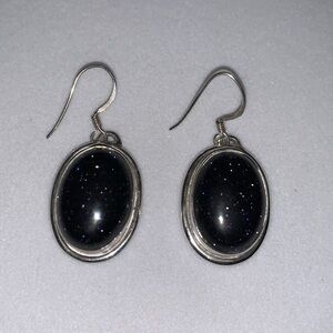 Vintage 925 Sterling Silver Black Starry Night Glitter Faux Gem Dangly Earrings